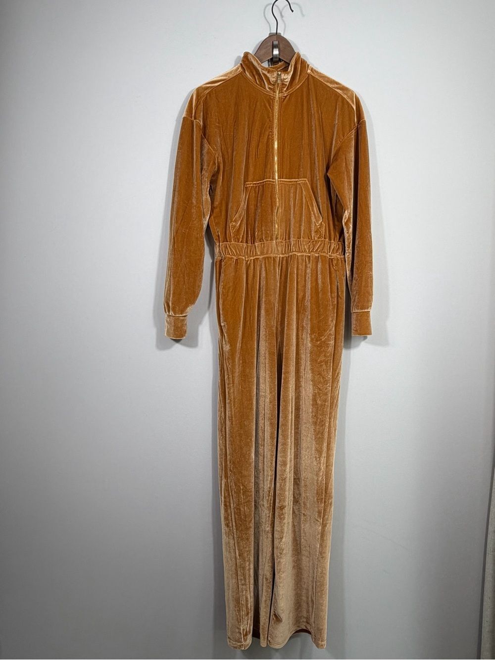 Fabletics Gold Velvet Jumpsuit Zip Front Wide Leg Size M